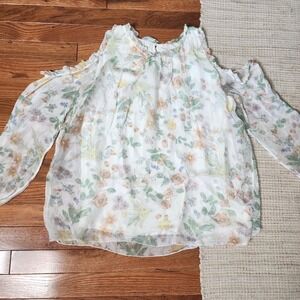 GIUSY Silk Floral Blouse Top‎ Cold Shoulder Sheer Sleeve Multi Feminine Italy M
